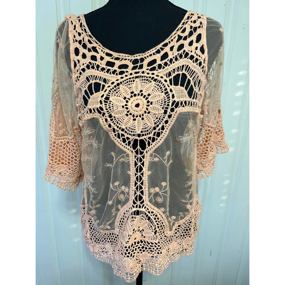 Metric Peach Lace Crochet Mesh Embroidered Top Sheer Romantic Boho Fairy Pastel